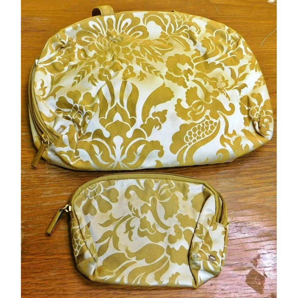 Pair of Vintage Gold and White Patterned Makeup Bags
